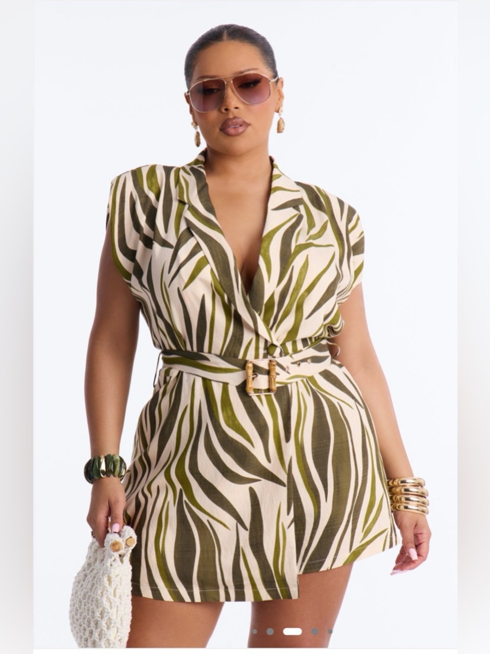 Fashion Nova Olive Green & Cream Zebra Print Belted Romper